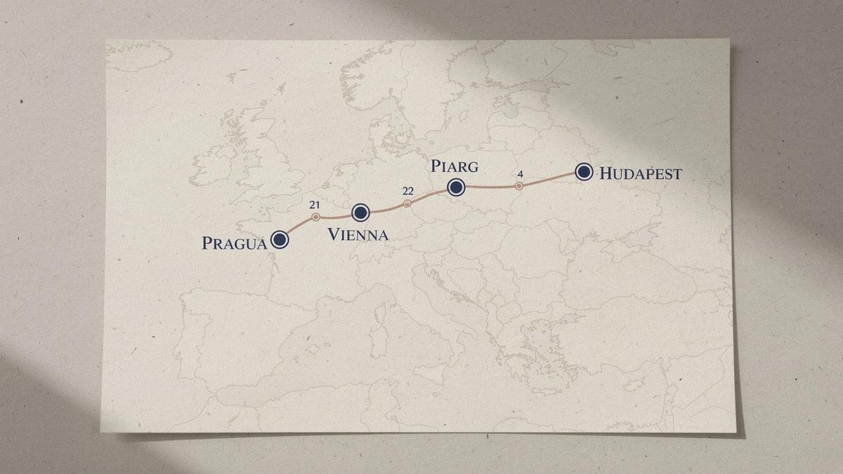 Editorial route map of Central Europe with the Prague, Vienna and Budapest legs joined by a terracotta line