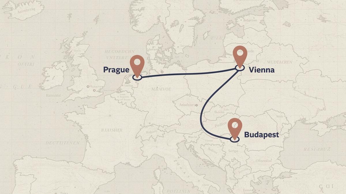 Route map of the Prague, Vienna and Budapest tour with pins marking each stop